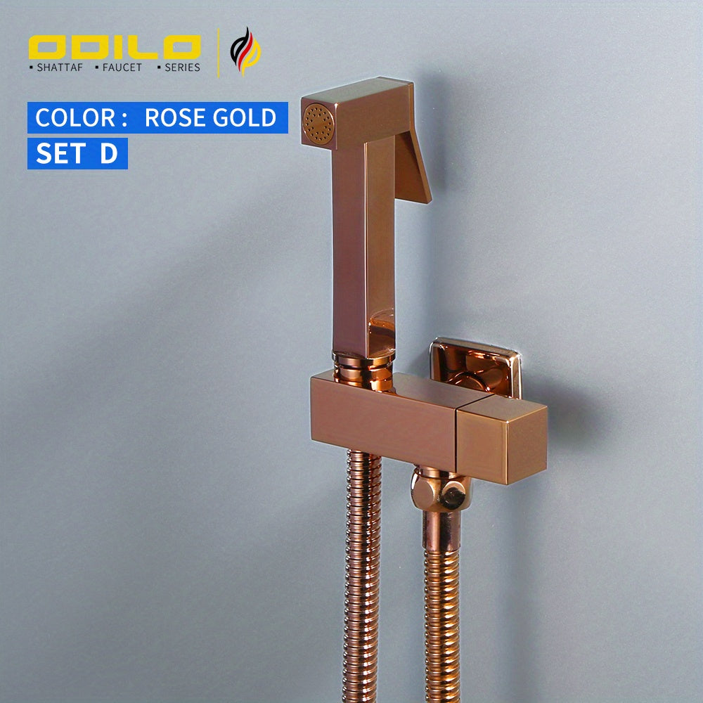 1-piece copper toilet spray gun with integrated female flush nozzle, in rose gold color.