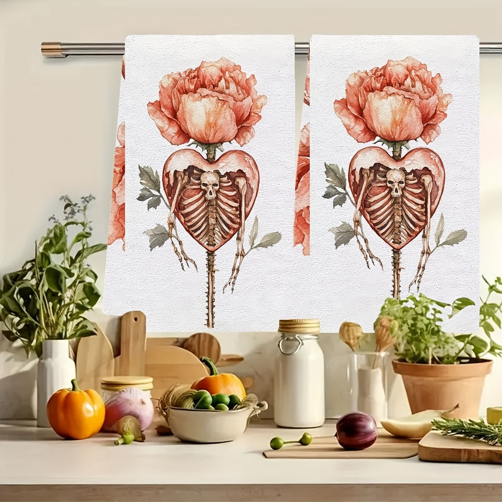 Set of 2 Ultra Soft Kitchen Towels featuring a Valentine's Day Skeleton Heart and Floral design. These towels are highly absorbent, machine washable, and measure 40.64x60.96 cm. They are perfect for holiday decor and Valentine's Day essentials, with a