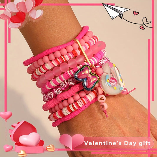 Bohemian-inspired Multi-Layer Pink Resin Beaded Bracelet featuring Heart & Butterfly Charms, a Lovely Pendant Jewelry Piece for Women. Ideal for Valentine's Day, Everyday Wear, or Vacation Style. A Versatile Fashion Accessory for All Seasons.