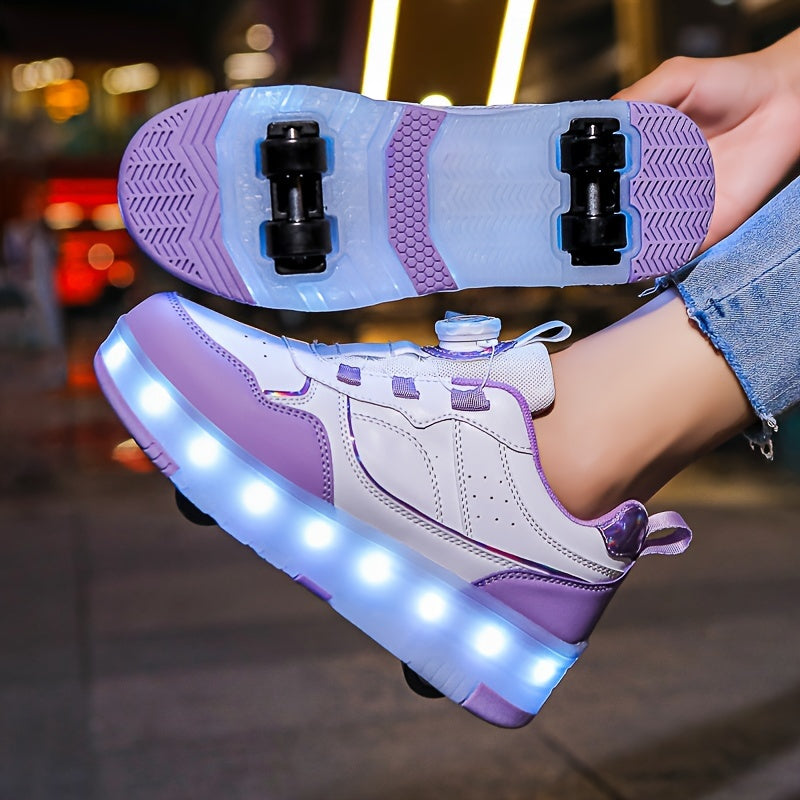 Children's LED Roller Shoes with Retractable Wheels, Trendy Sports Sneakers with Adjustable Brightness, Rotary Buckle Closure, PU upper, TPR sole, and Lithium Polymer Battery.