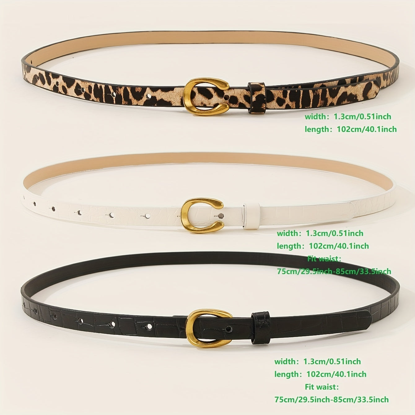 Set of 3 leopard and letter print belts with U-shaped alloy buckle, ideal for women's casual or business attire.