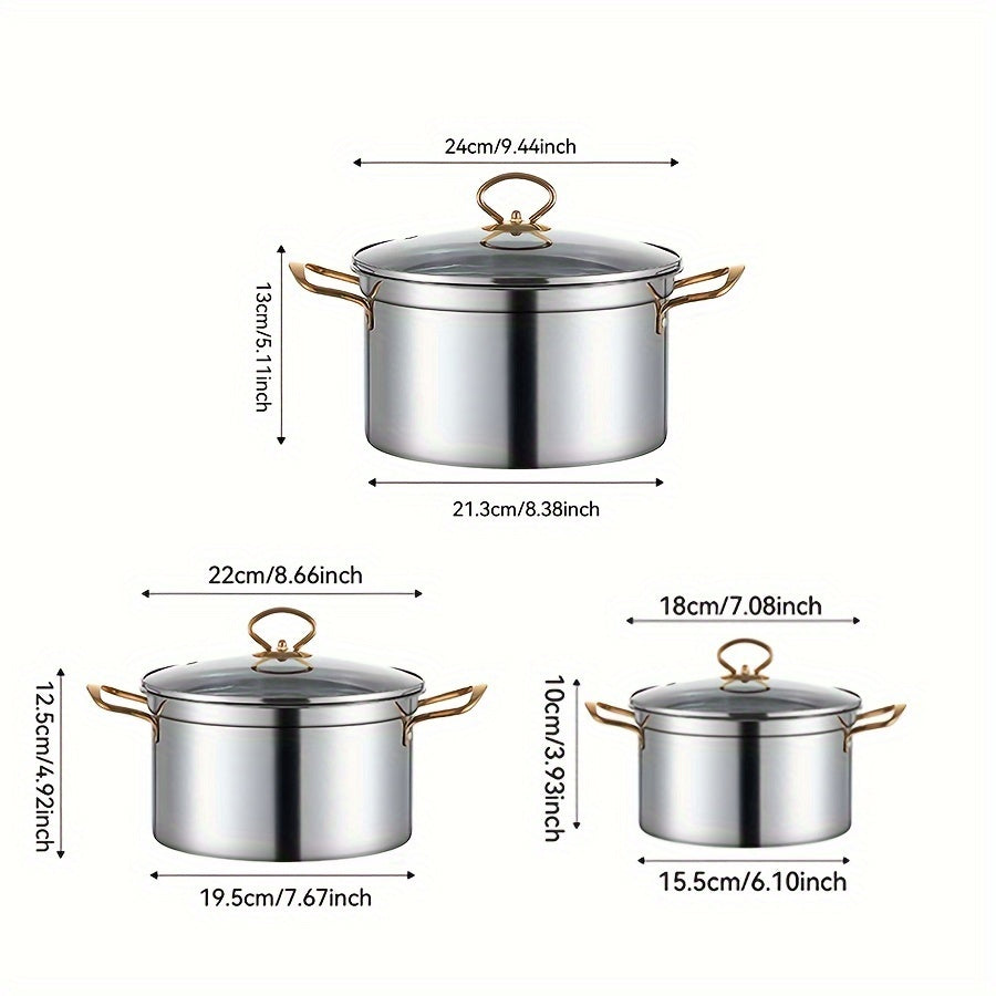 Stainless Steel Stockpot Set with Lids - Includes 3 Pots, 3 Lids, Dual Handles - Ideal for Various Cooking Needs - Compatible with All Stovetops - Great for Soups, Stews, Noodles, Pasta, Seafood - Large Capacity Kitchen Cookware Set