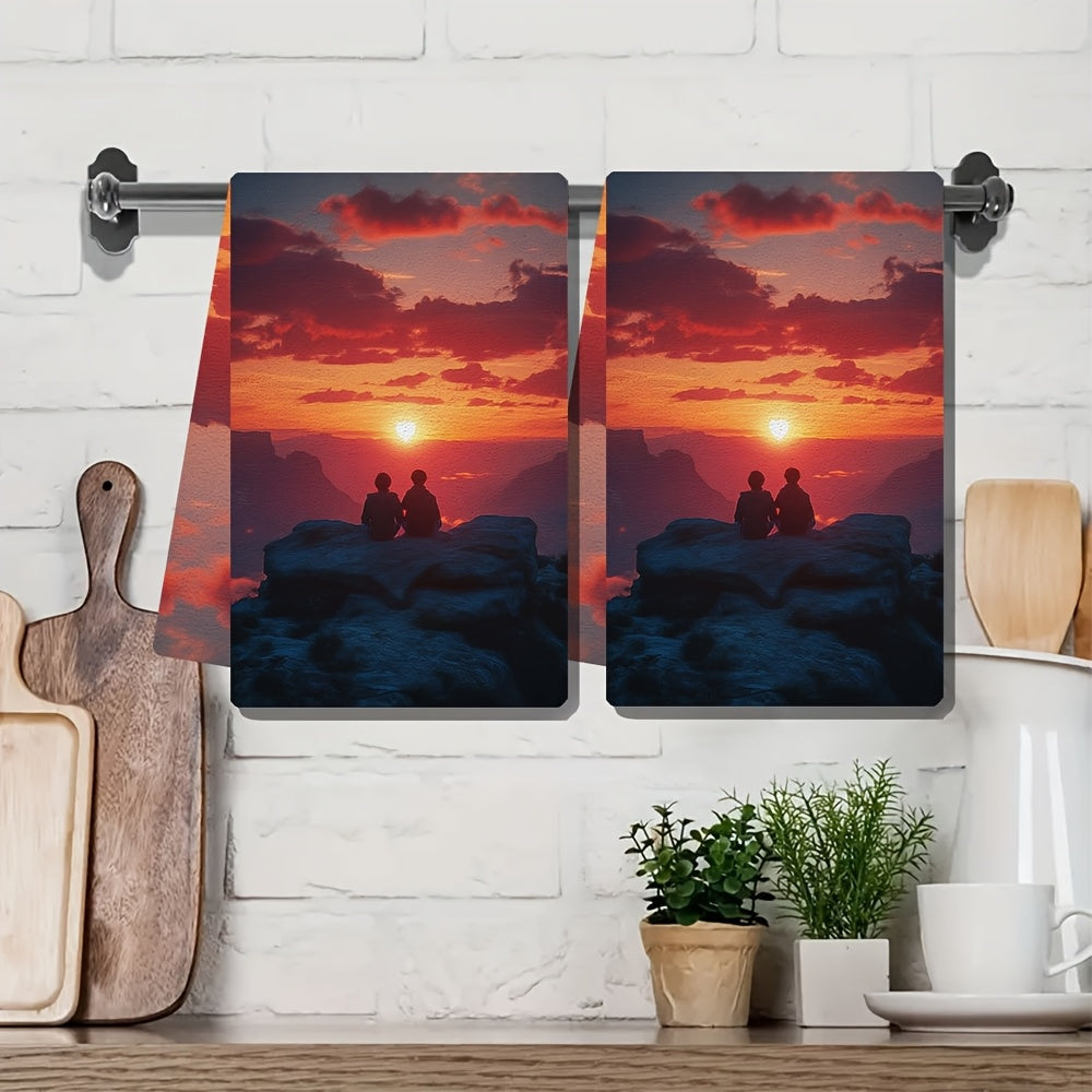 This duo of ultra-soft kitchen towels showcases two charming characters relaxing on a heart-shaped rock as they watch a beautiful sunset. These highly absorbent dish towels are ideal for adding a festive touch to your home decor, and are conveniently