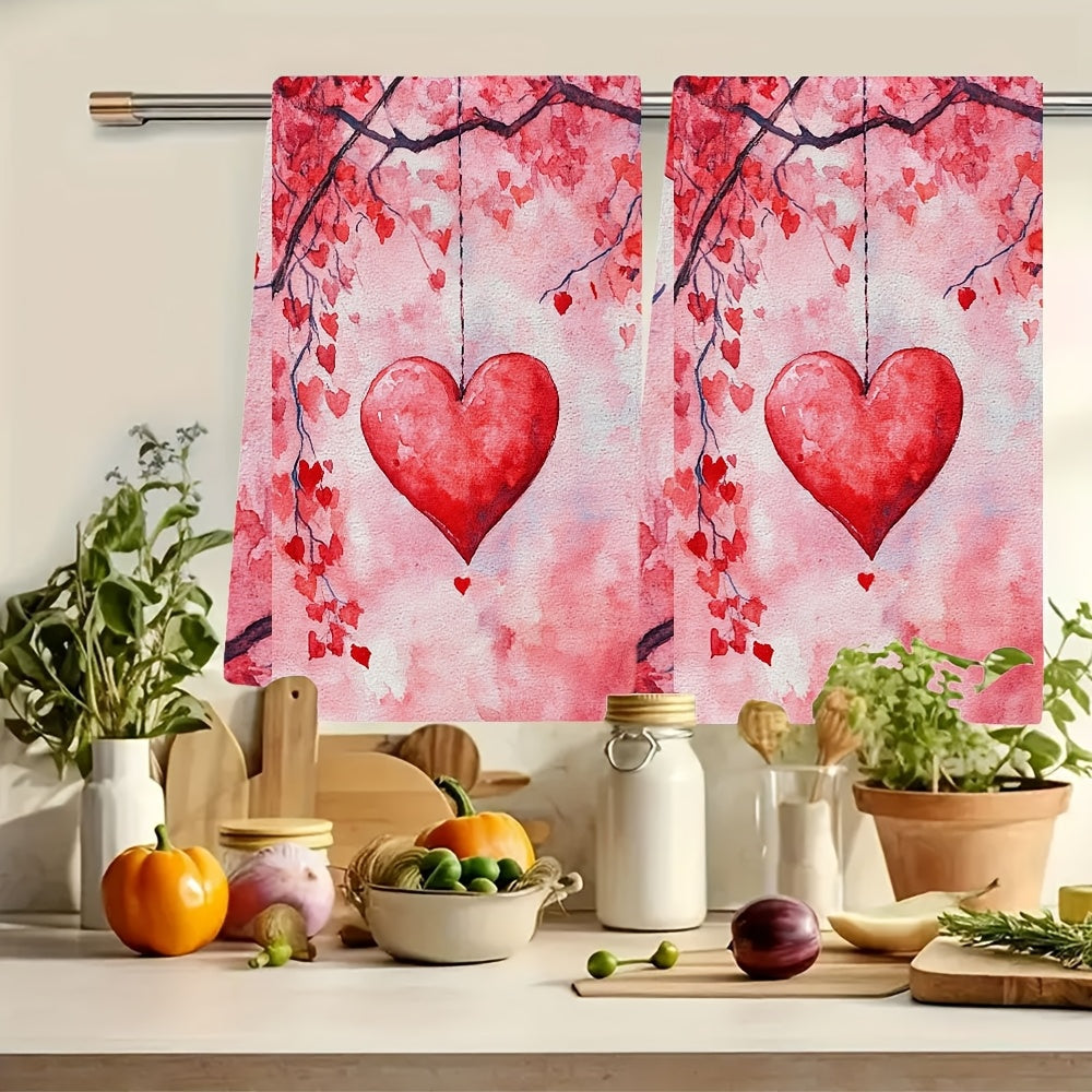 Set of 2 Ultra Soft Kitchen Towels featuring Valentine's Day Heart & Cherry Blossom Design. These towels are highly absorbent, machine washable, and measure 40.64x60.96 cm. Perfect for holiday decor and as dish hand towels.