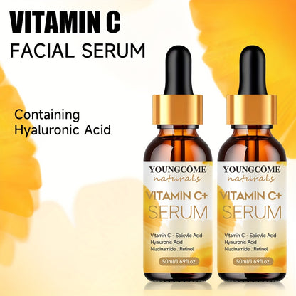 2 pieces of Vitamin C & Retinol Facial Serum - Hydrating Essence with Hyaluronic Acid, evens skin tone, fragrance-free for all skin types.