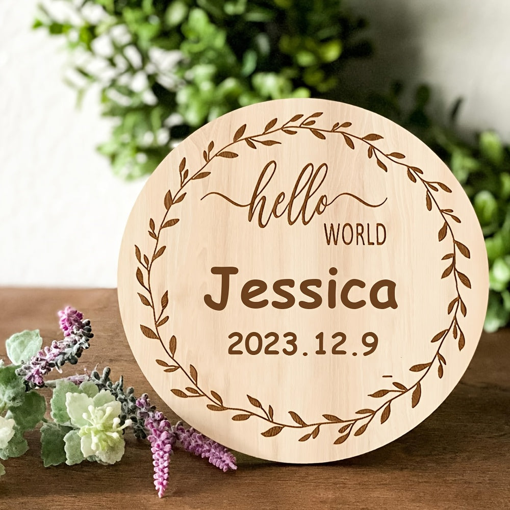 Customized Wooden "Hello World" Announcement Sign with the option for a Handprint or Footprint, a Round Birth Announcement Plaque for Photo Prop, and a Personalized Milestone Keepsake.