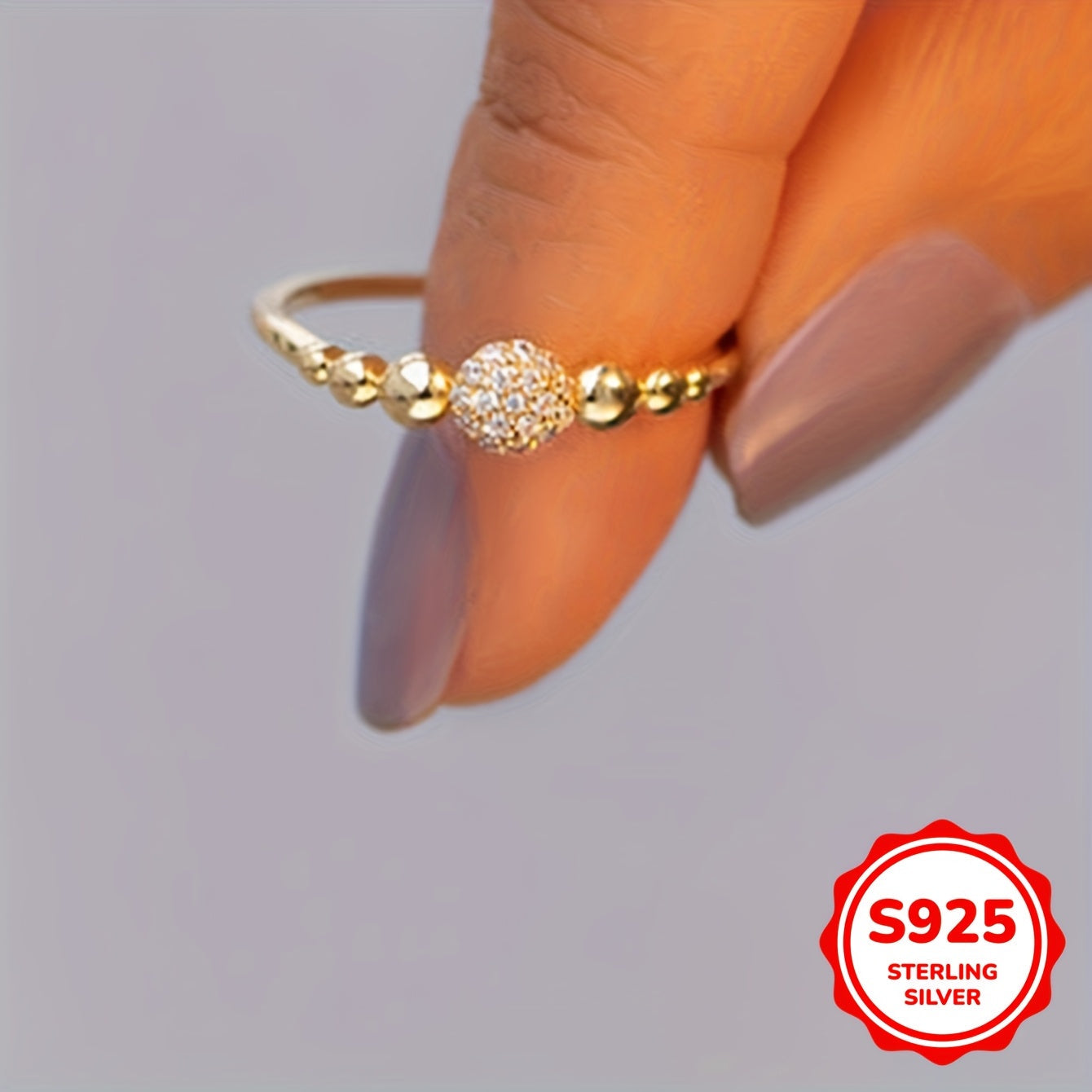 Stunning 1.5g S925 Sterling Silver Round Ball Ring embellished with Synthetic Zirconia, showcasing a sleek and trendy European and American design - a must-have accessory for women.