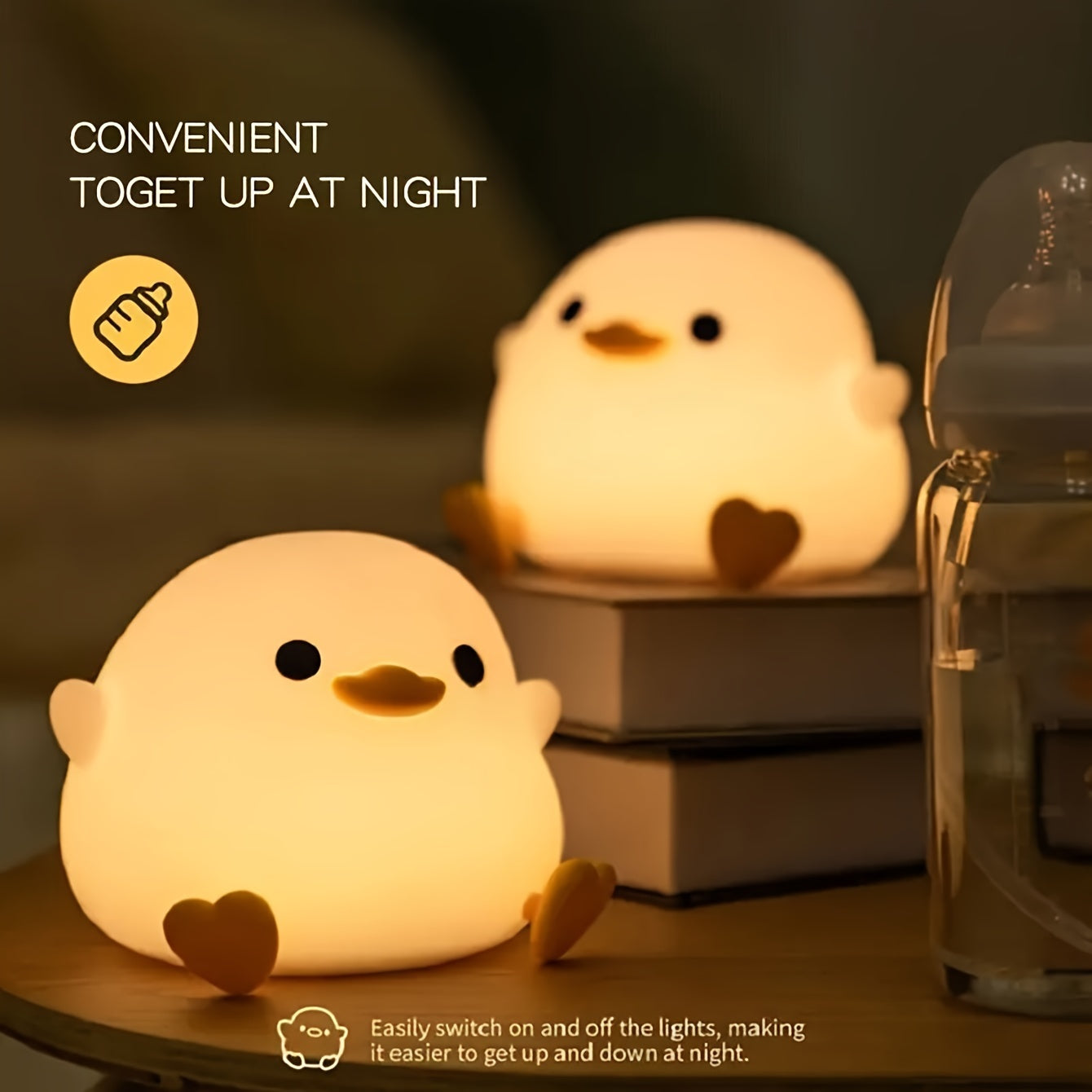 Soft light eye protection silicone night light in the shape of a duck, with 7-color tap light feature. This small table lamp is perfect for use in the bedroom or while breastfeeding. Requires 3 AAA batteries (not included).