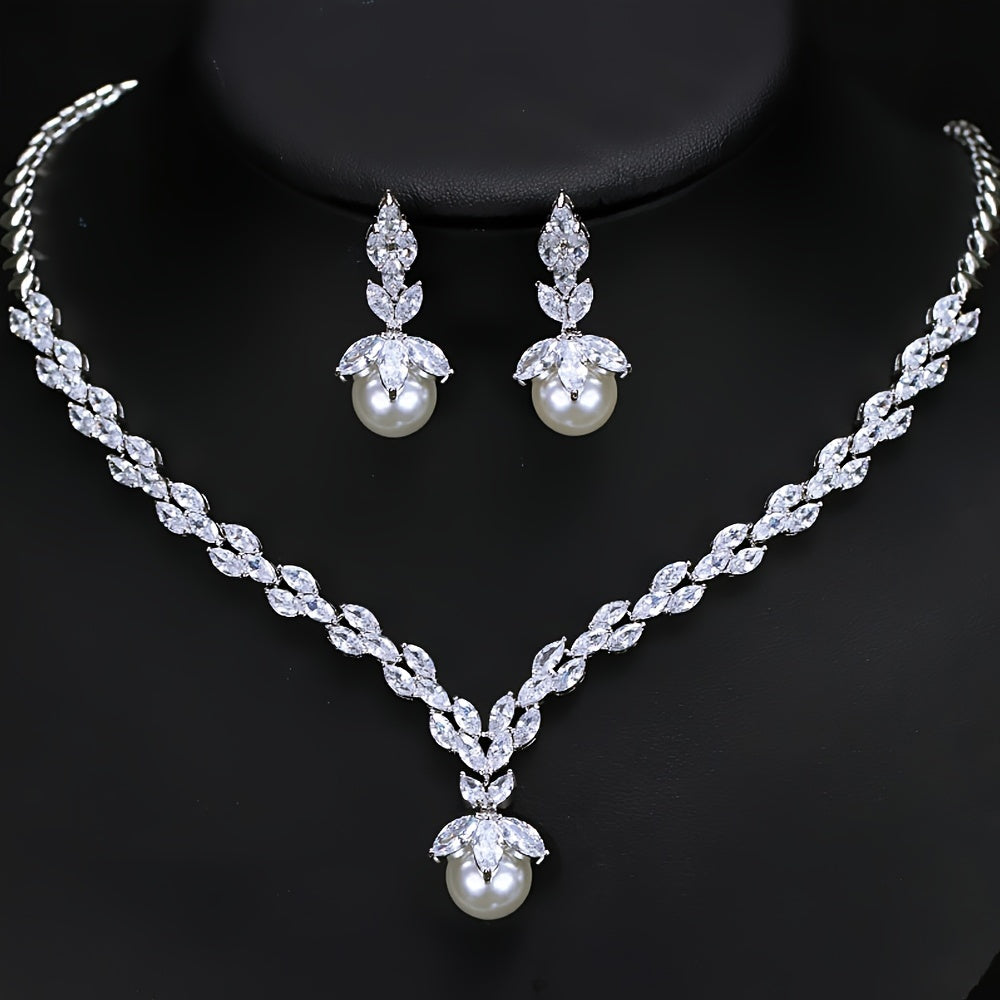 Three Graceful Bridal Accessories Featuring Synthetic Cubic Zirconia Round White Artificial Pearl Pendant Necklace and Earrings - Perfect Wedding Jewelry Set for Women