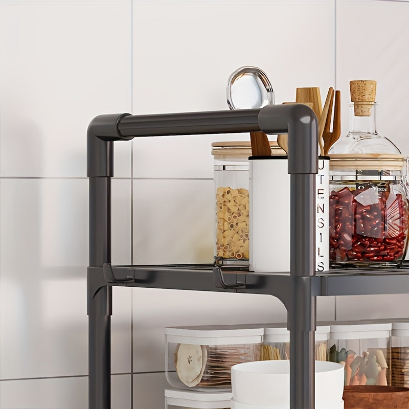 Double-layer kitchen storage rack with 4 hooks and adjustable plastic microwave rack. Convenient open storage suitable for countertops and cabinets, no assembly needed. Perfect for organizing kitchen utensils.