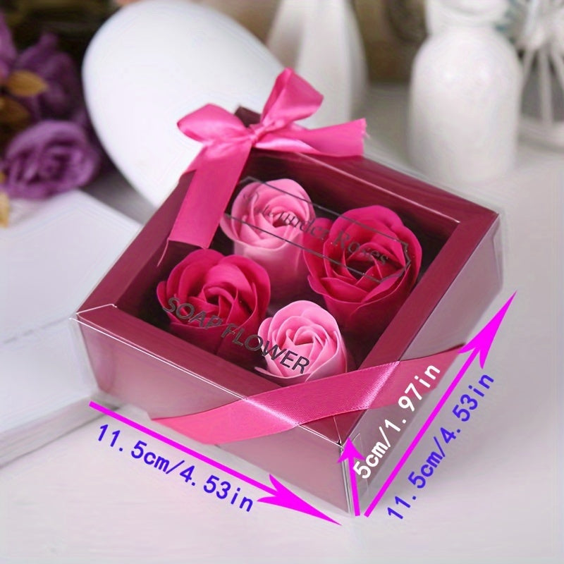 Gift box with 4 artificial rose soap flowers, ideal for Valentine's Day, Mother's Day, Christmas, or weddings.