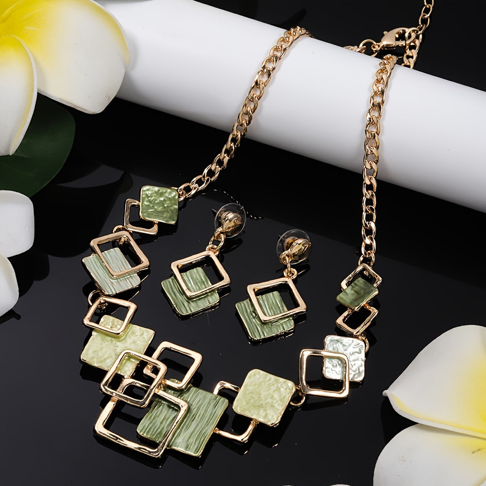 One trendy geometric design jewelry set includes one pair of earrings and one necklace in boho style, perfect to match with daily outfits or as a party accessory. Made from enamel, this set is a must-have addition to your jewelry collection.