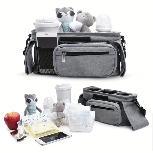 Black/Grey Universal Stroller Organizer for Moms, Features Insulated Cup Holder, Phone Pouch & Shoulder Strap. Fits Most Strollers and Pet Strollers. Durable Polyamide Material, Storage Hanging Bag Mommy Pack.