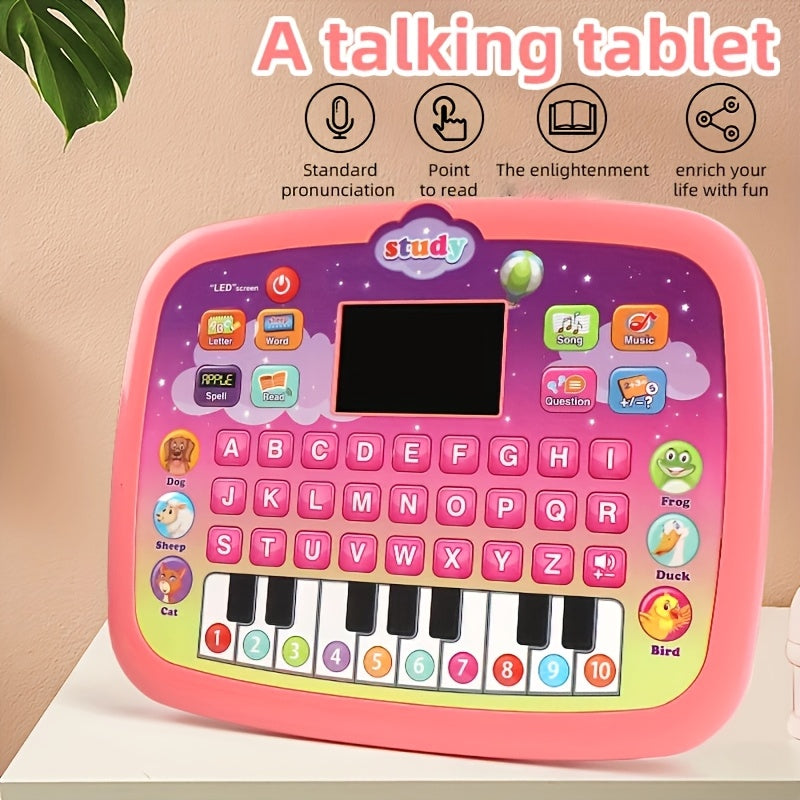 Interactive Tablet Learning Pad with LED Screen, designed to teach Alphabet, Numbers, Words, Music, and Math. This electronic toy promotes development and learning in a fun way. Perfect as a Halloween or Christmas gift. (Batteries not included)