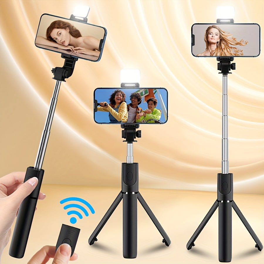 Portable selfie stick tripod with built-in fill light, wireless, anti-shake and 360-degree rotating phone holder for stable and versatile use.