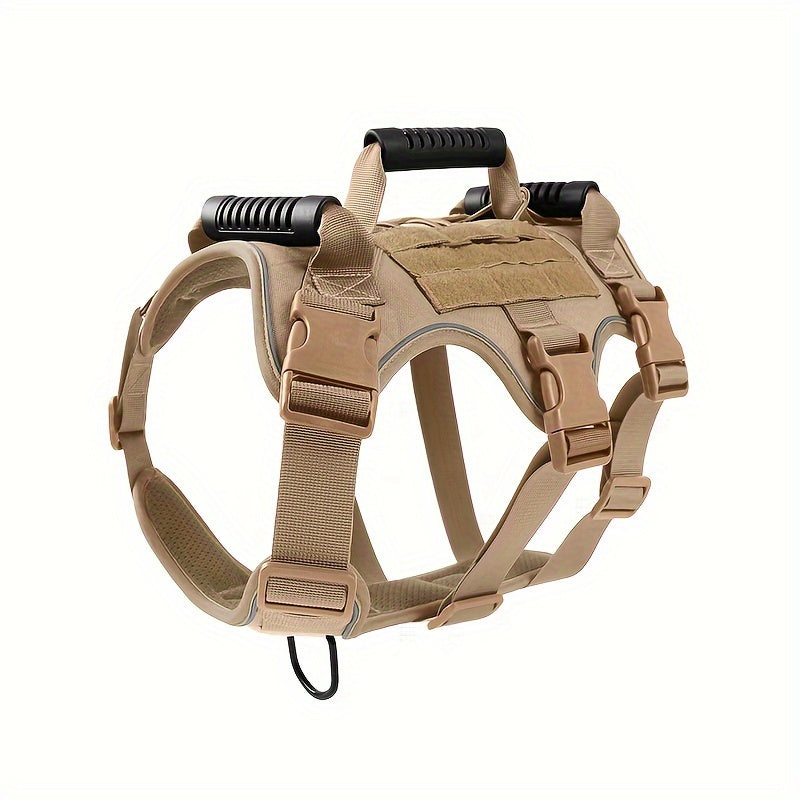 Tactical dog harness with handle and reflective vest, adjustable for no-pull training.