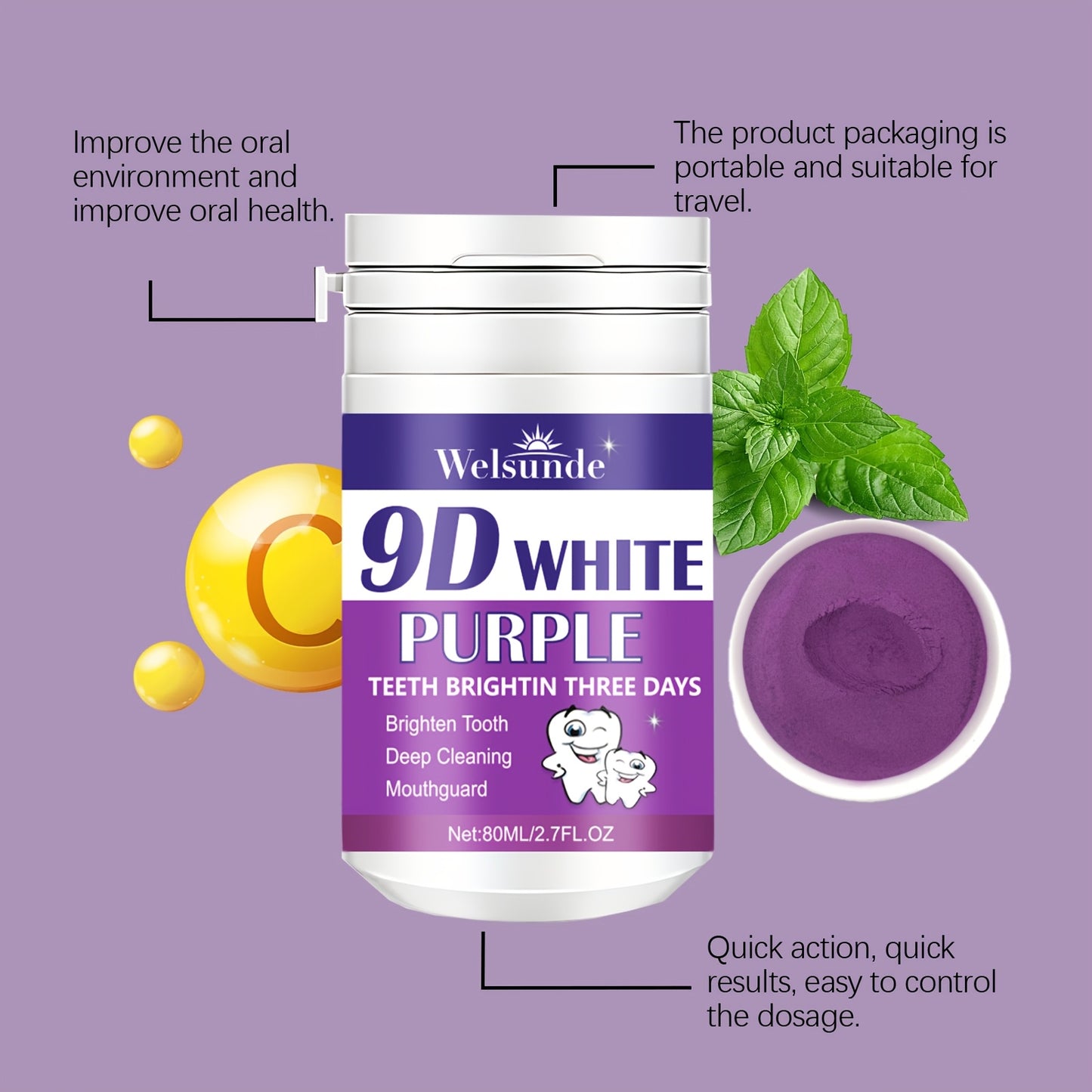 Welsunde 9D White Purple Tooth Powder: Deep cleans, brightens teeth, and freshens breath. Ideal for daily use and travel. 80g.