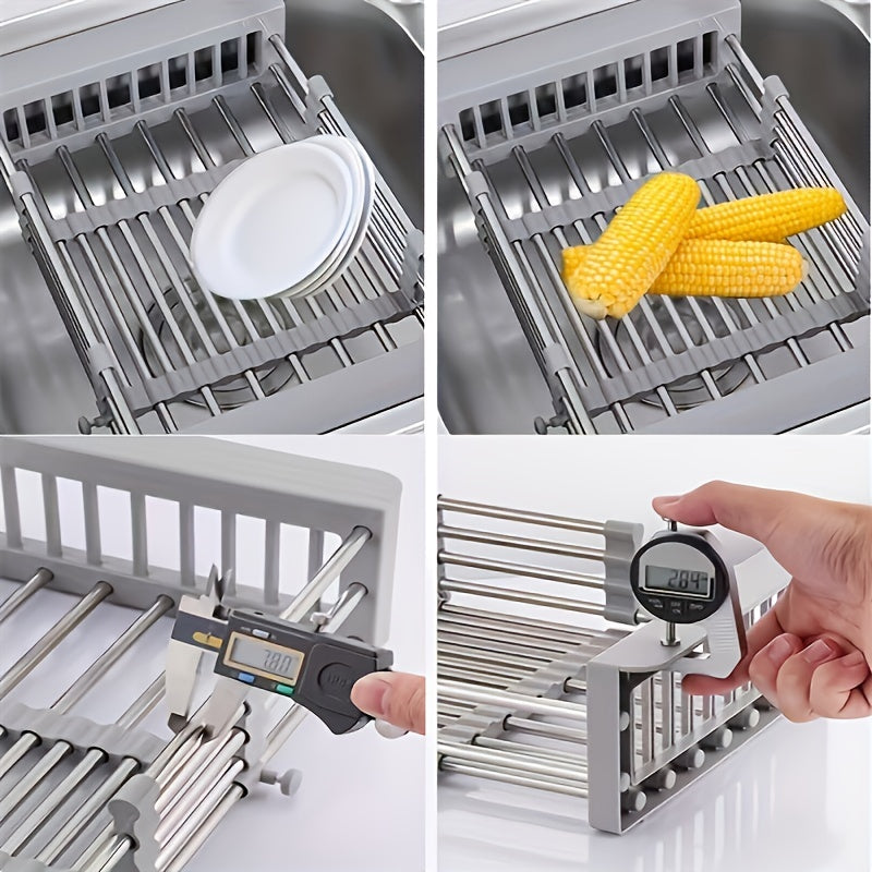 Adjustable Stainless Steel Kitchen Sink Rack with Retractable Dish Drainer, Safe for Food Use, Comes in Large and Small Sizes.