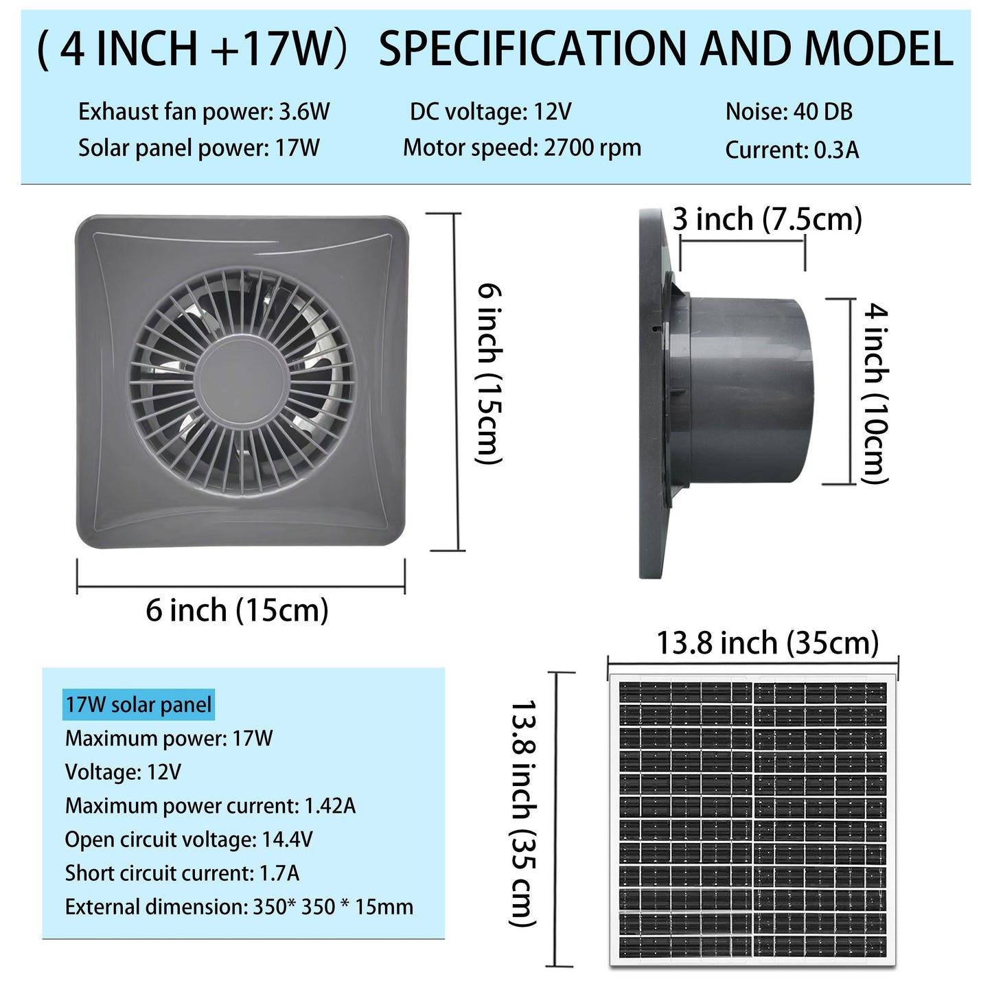 Solar-powered 10.16cm fan with weatherproof design and durable aluminum housing. Perfect for chicken coops, sheds, and greenhouses. Includes 5m cable.