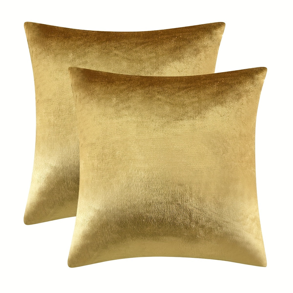 Two golden velvet throw pillow covers, 18x18, for couch or bed.