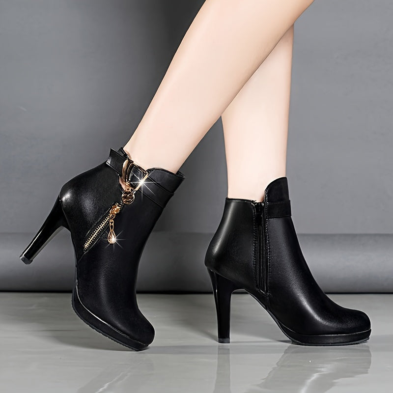 Stylish waterproof ankle boots with side zipper, faux leather, chunky heel, and round toe.