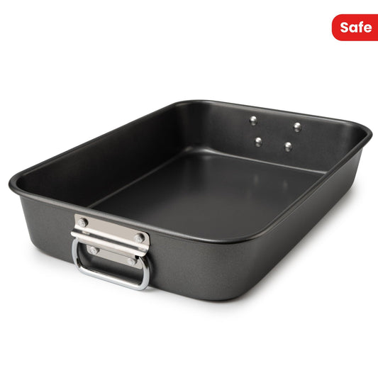 Non-stick roasting pan with handles measuring 38.1x25.4 cm, this heavy-duty square baker is PFOA/Lead/Cadmium free. The oven-safe rectangular cake pan is perfect for making brownies and lasagna, and can be used without power.