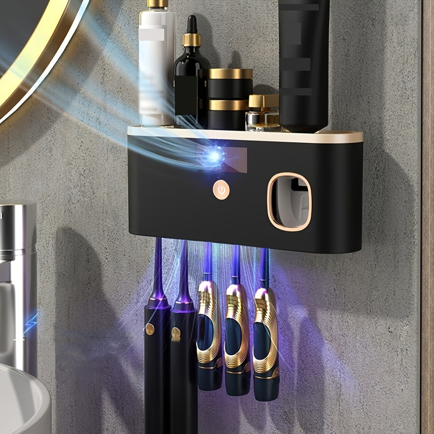 Wall-mounted toothbrush holder with USB charging, long battery life, smart UV technology, and storage rack for home use (RA-903) - no holes needed.