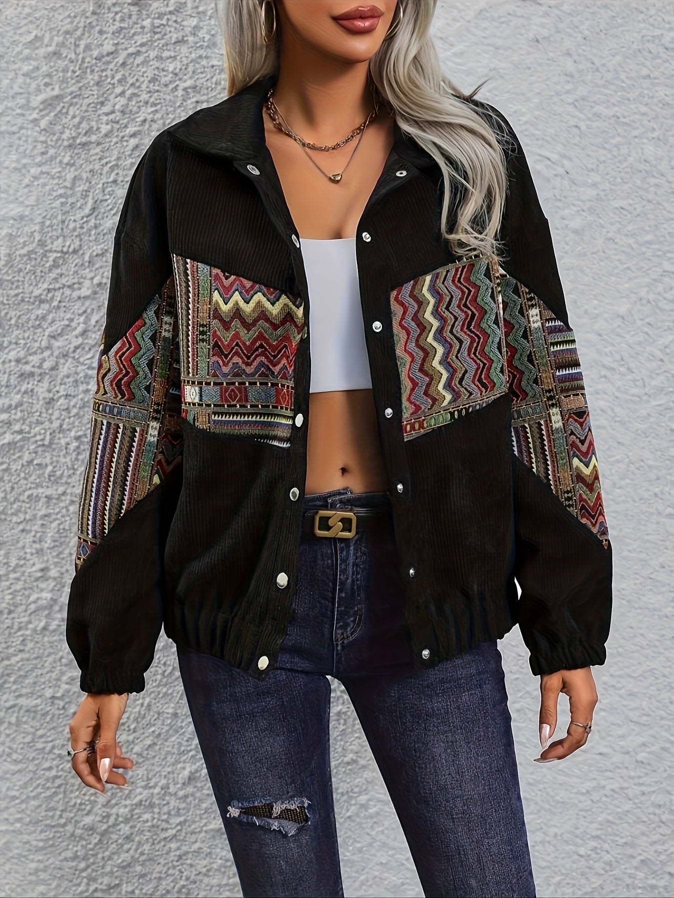 Women's Tribal Print Coat, Casual Jacket for Spring & Fall