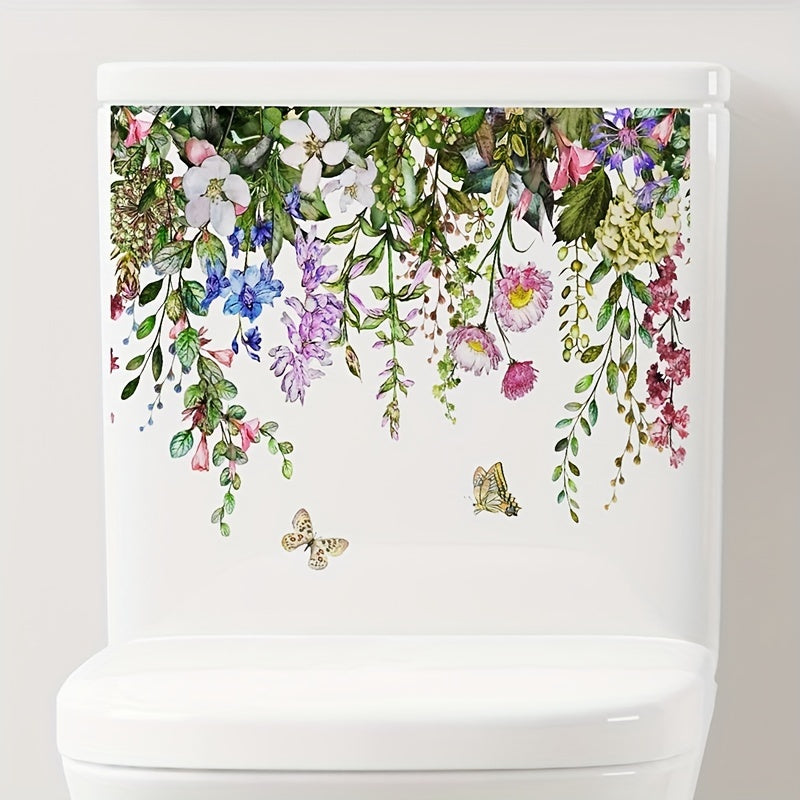 1pc Vibrant Tropical Floral & Butterfly Toilet Sticker - Self-adhesive, Easy to Apply on Ceramic Surfaces, Semi-Matte Finish for Refreshing Home Decor, Bathroom Accessory