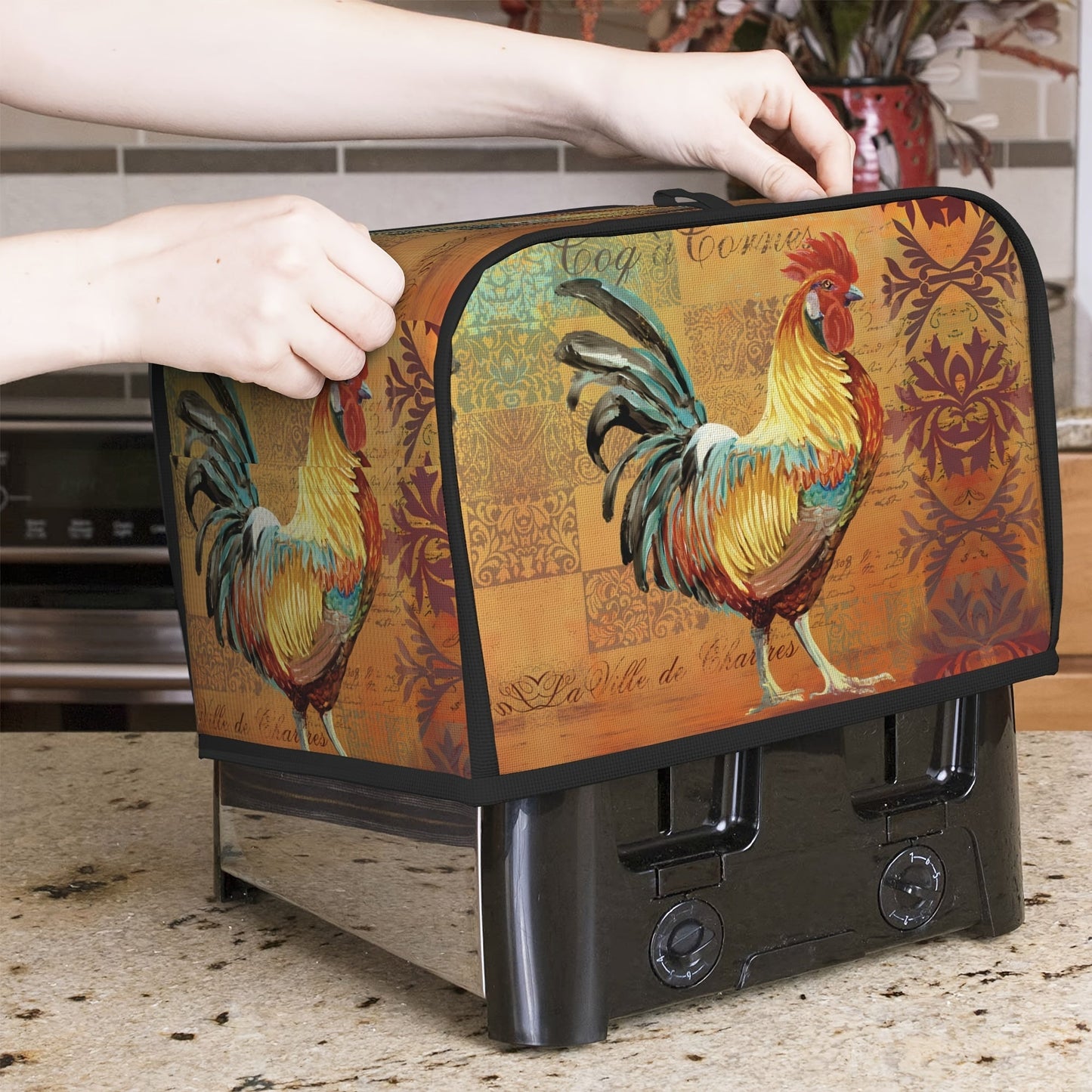 Protect your small kitchen appliance with this Sunflower Rooster Bread Maker Cover featuring a charming chick print design. This dust cover is suitable for 2-slice models of bread makers and microwaves.