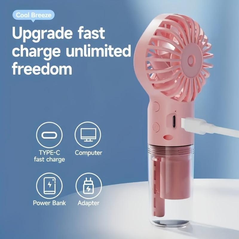 Portable Handheld Misting Fan with USB Rechargeable Battery - Plastic Bladeless Mini Face Steamer Fan ideal for Indoor & Outdoor Use, Features Button Control, 800mAh Lithium Battery, and Comes with Power Cord included.