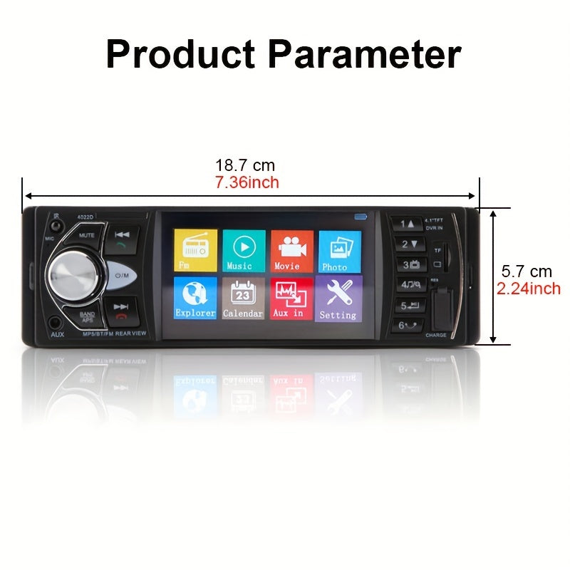 Portable car multimedia video player with car radio supporting 14 languages, USB/AUX/FM, remote control, and no battery.