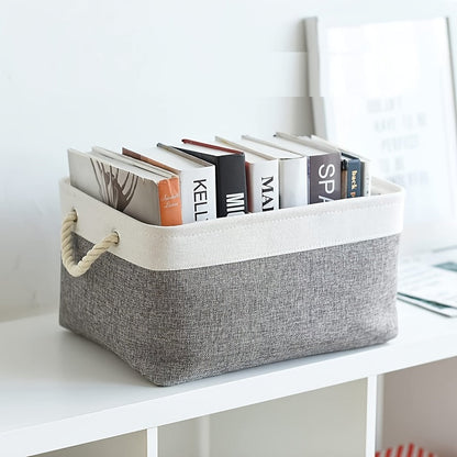 Chic White & Gray Rectangular Linen Storage Basket with Rope Handles - Versatile Folding Design for Clothes, Toys, & More - Perfect for Organizing Closets, Nurseries, & Home - Laundry Basket