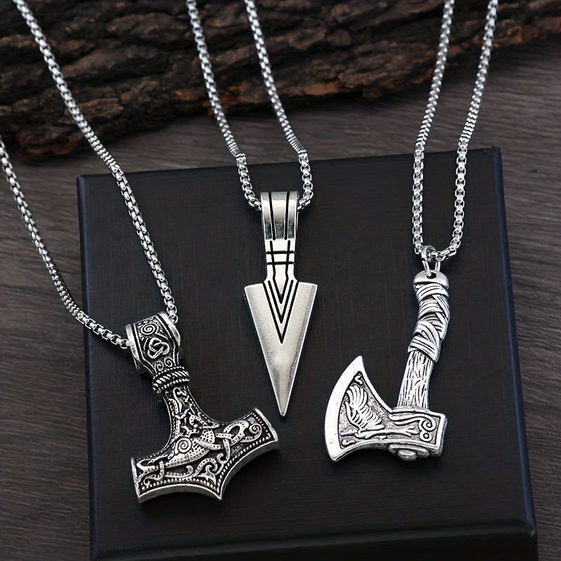 Men's Viking Necklace Set with 3 Pieces - includes Viking Hammer, Nordic Compass, Celtic Knot, Wolf Axe Pendants. This Nordic Amulet Pendant Necklace makes the perfect holiday jewelry gift.