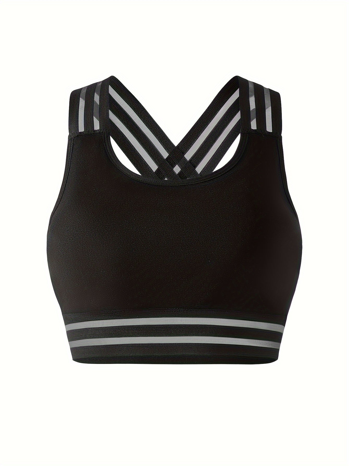 Breathable and comfortable sports bra features removable cups and cross strap design in a solid color knit fabric blend of polyamide and spandex. Ideal for adult women's yoga tank top.