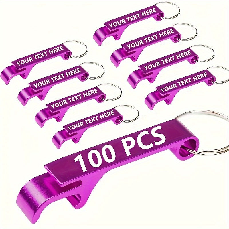 100 customized metal bottle opener keychains, perfect for weddings, birthdays, and bachelor parties. Also great for holiday gifts like Christmas, Halloween, Hanukkah, Thanksgiving, and Valentine's Day. No power required.