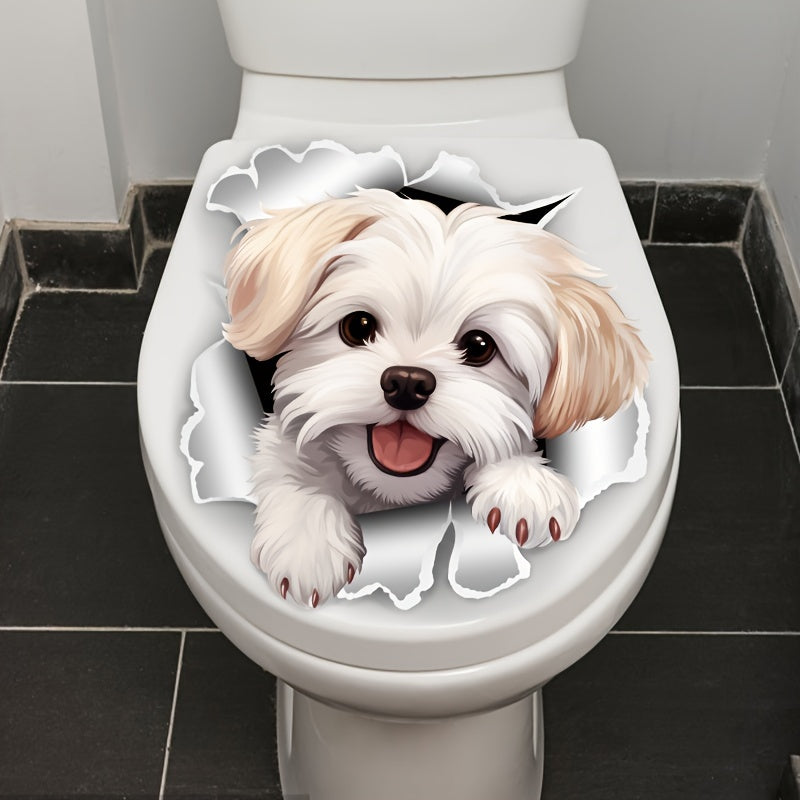 White dog toilet decal for easy stick and removal, ideal for home decor.