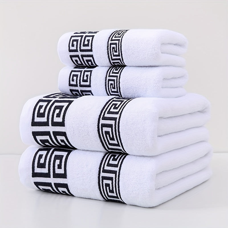 Highly absorbent 4-piece luxury bath towel set with geometric embroidery. Made from soft cotton, 400GSM. Perfect for use at home, in the kitchen, or while traveling. Ideal gift for family and friends. No shedding or fading.