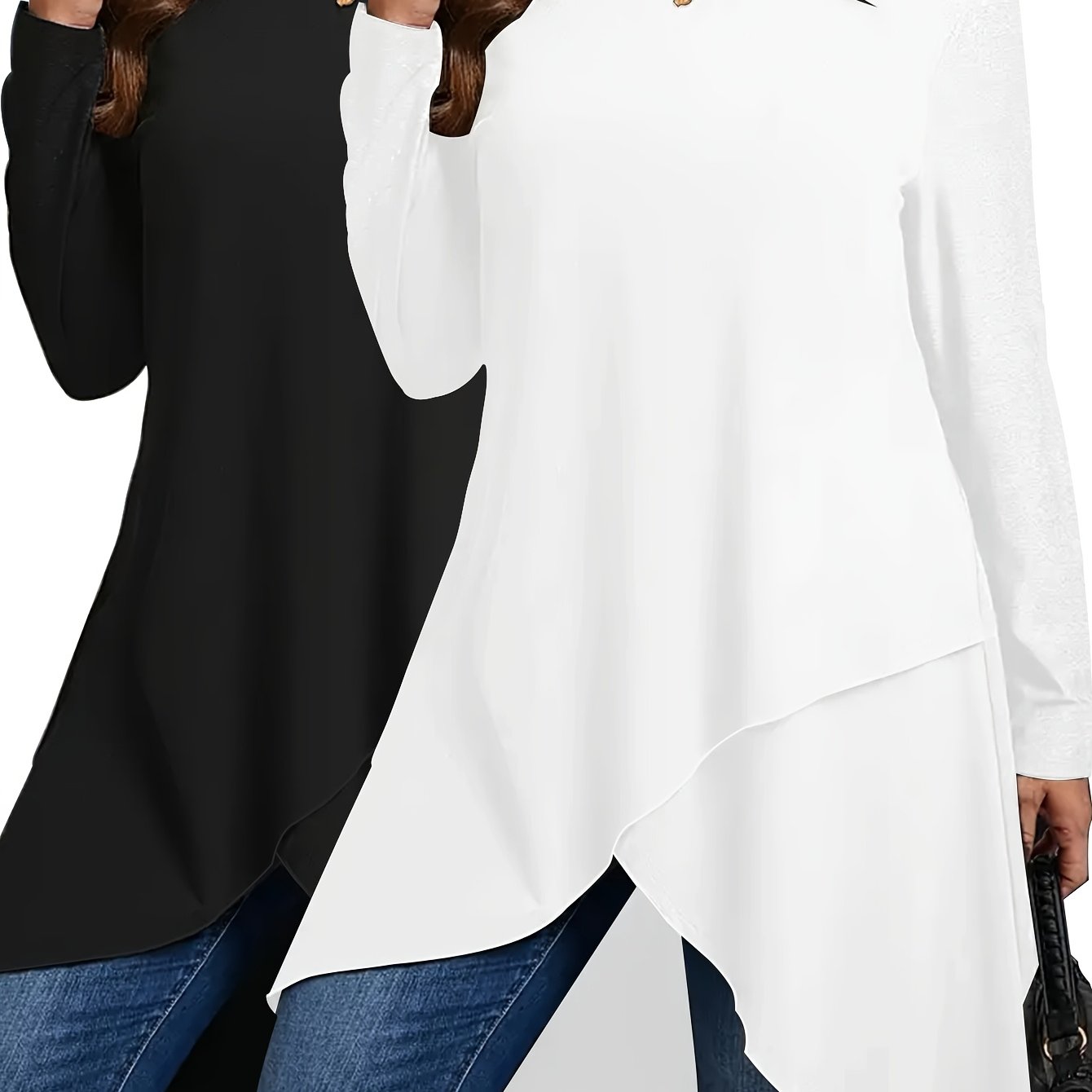 2 Solid Color Long Sleeve T-shirts, Polyester Tops with Crew Neck and Slight Stretch for Women's Spring/Summer/Fall attire.