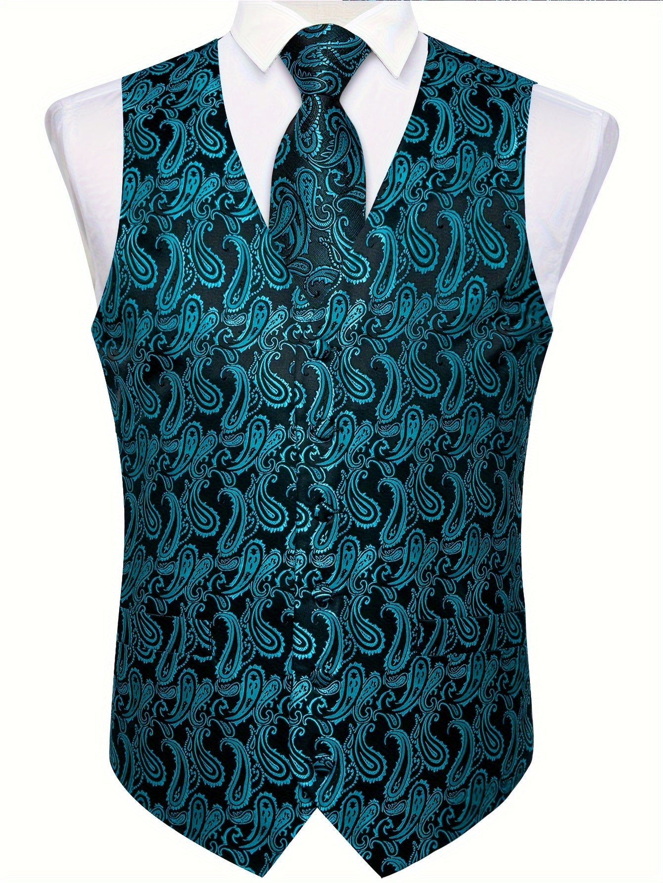 Plus size men's paisley suit vest set with tie, bow tie, pocket square, and cufflinks - perfect for parties.