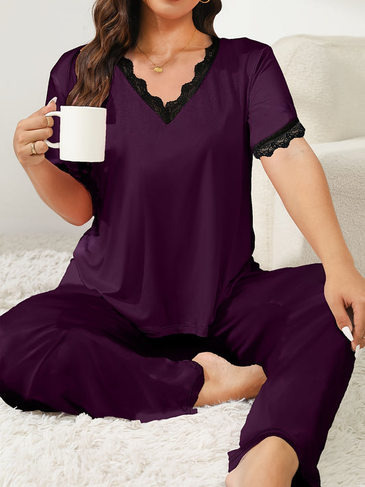 Stylish plus size V-neck pajama set with lace trim, made of polyester knit, suitable for all seasons; available in plaid and pants set.