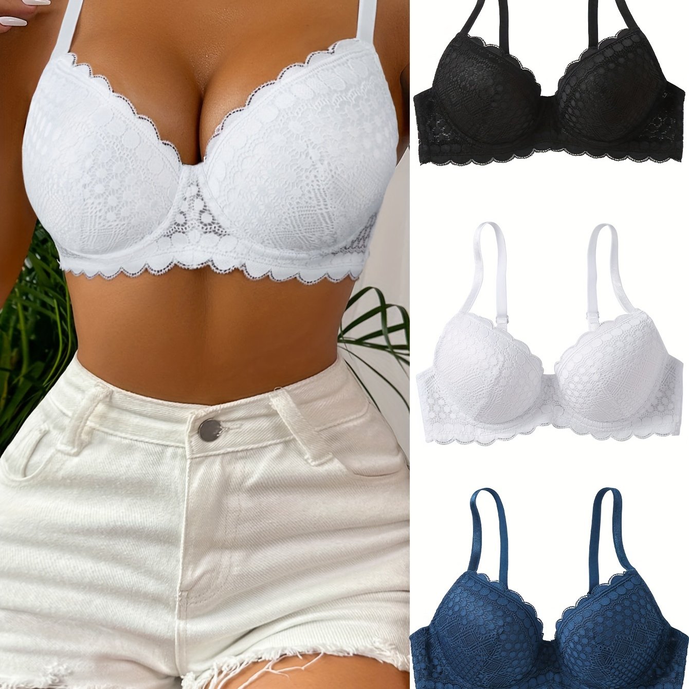 Set of 3 Elegant Lace Push-Up Bras for Women in White, Black, and Navy Blue. Sexy, Comfortable, and Breathable with Non-Removable Pads. Perfect for a Sensual and Smooth Lingerie Look.