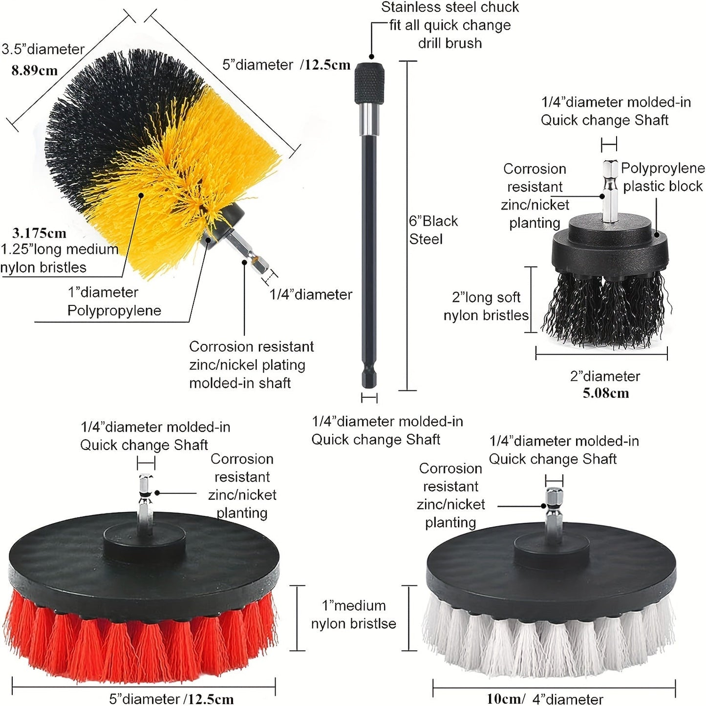 Set of 45 pieces, includes a Drill Brush Set with attachments for multipurpose power cleaning. Features a scrub brush and sponge suitable for grout, bathroom, tub, tile, corners, car wheels, and hard-to-reach areas. Drill not included. Perfect for all