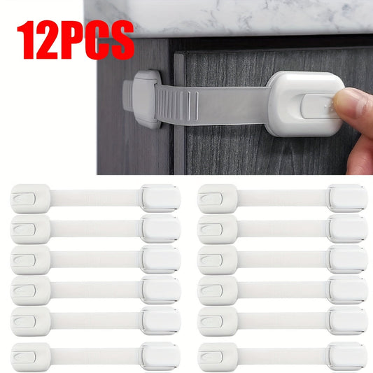 Childproofing adhesive straps locks for use on drawers, fridge, dishwasher, toilet seat, cupboard, oven, and trash can without the need for drilling. Perfect for keeping youngsters safe.