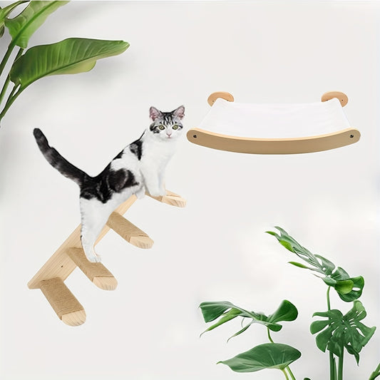 Wall-mounted cat hammock with climbing ladder, made of natural wood