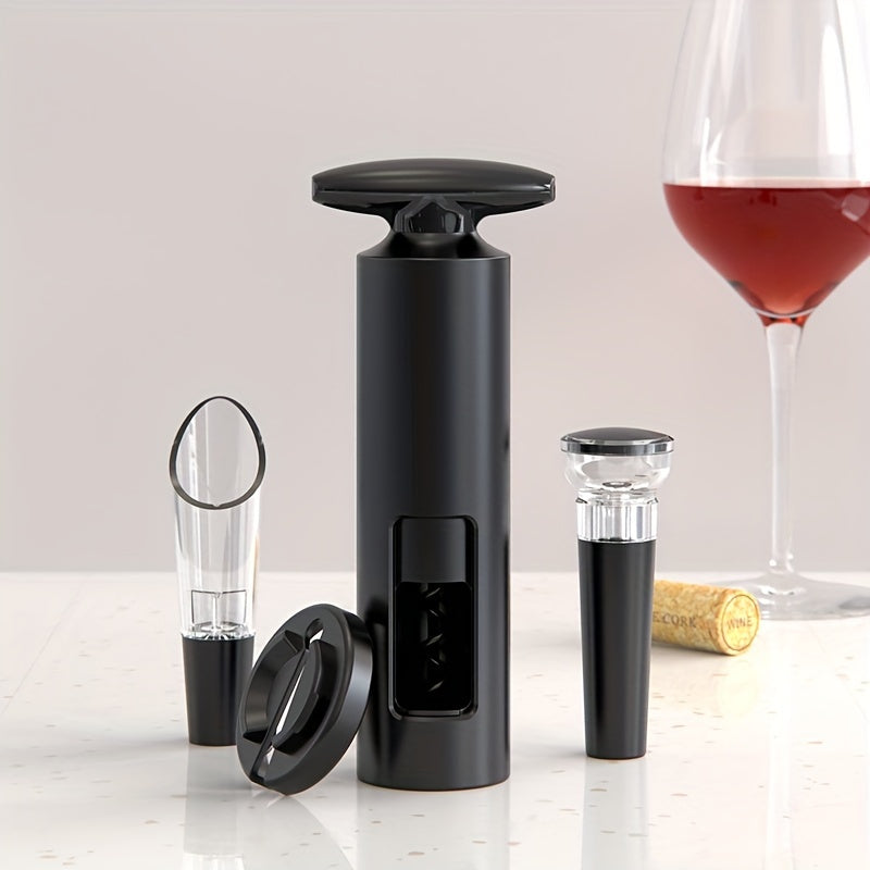 4-piece wine accessories set includes a wine opener, foil cutter, pourer, and vacuum stopper made of food-grade materials for manual corkscrewing, foil cutting, pouring, and wine preservation.