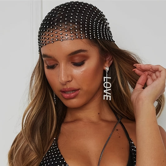 Black Rhinestone Fishnet Headband with Y2K Party Flair, Perfect Decorative Veil Cap for Vacations and Outdoor Events, Stylish Hair Accessory for Women on the Go