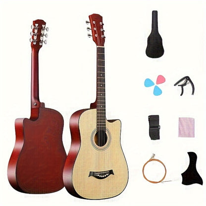 Beginner kit for a 96.52 cm acoustic guitar, featuring a basswood panel with matte finish, 18 frets, and includes bag, picks, strings, and strap.