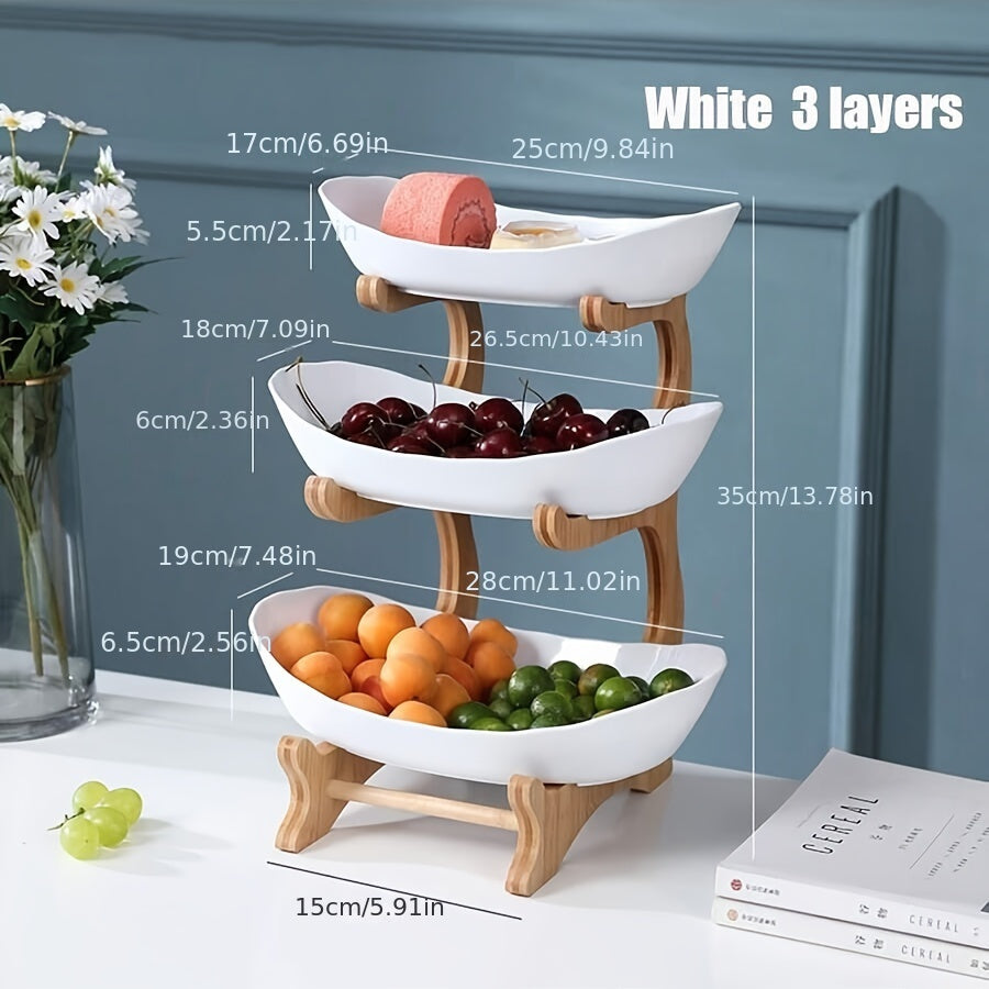 Two-tier/three-tier kitchen fruit basket with European-style design, made of bamboo wood for storing snacks and candies.