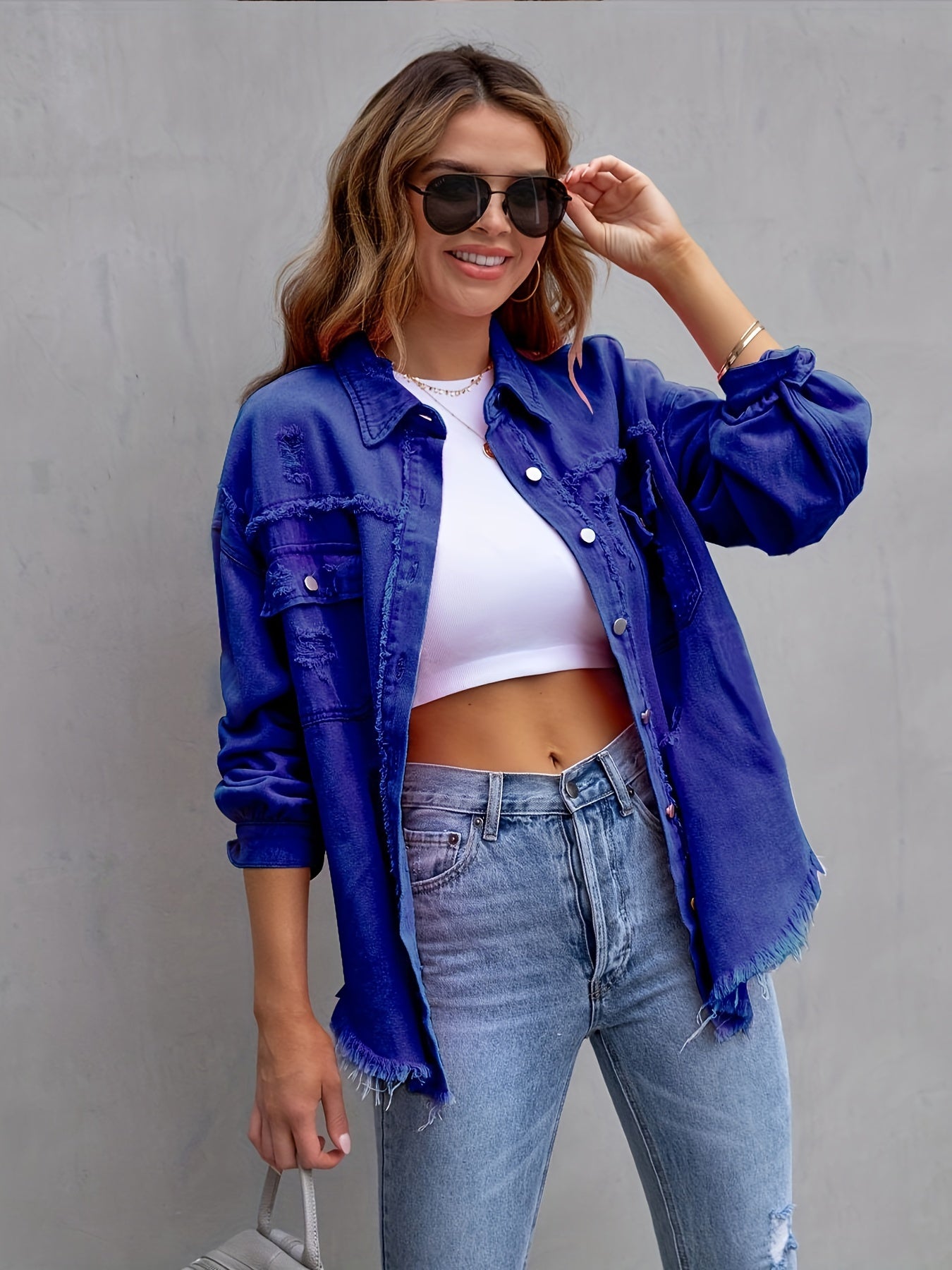 Women's distressed retro denim jacket with raw hem, in plus sizes